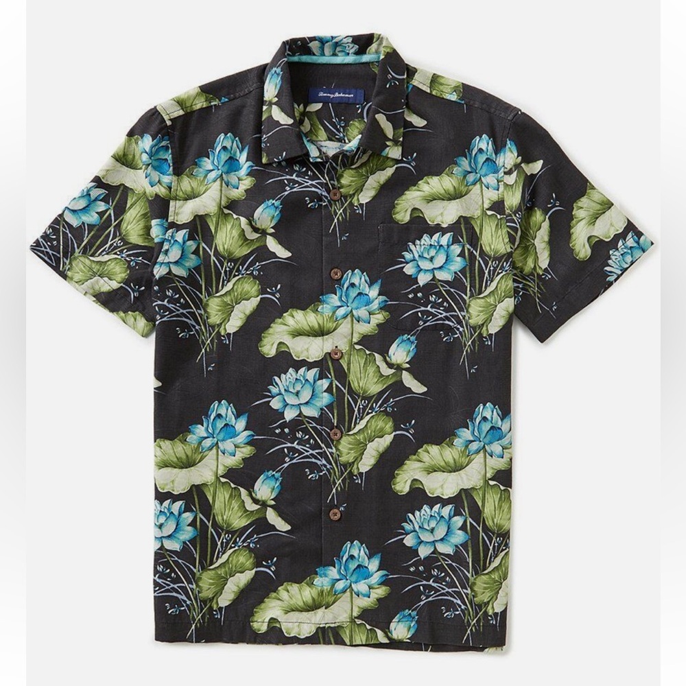 TOMMY BAHAMA SILK BLEND ADRIATIC GARDEN COAL HAWAIIAN SHIRT EXCELLENT COND (L)